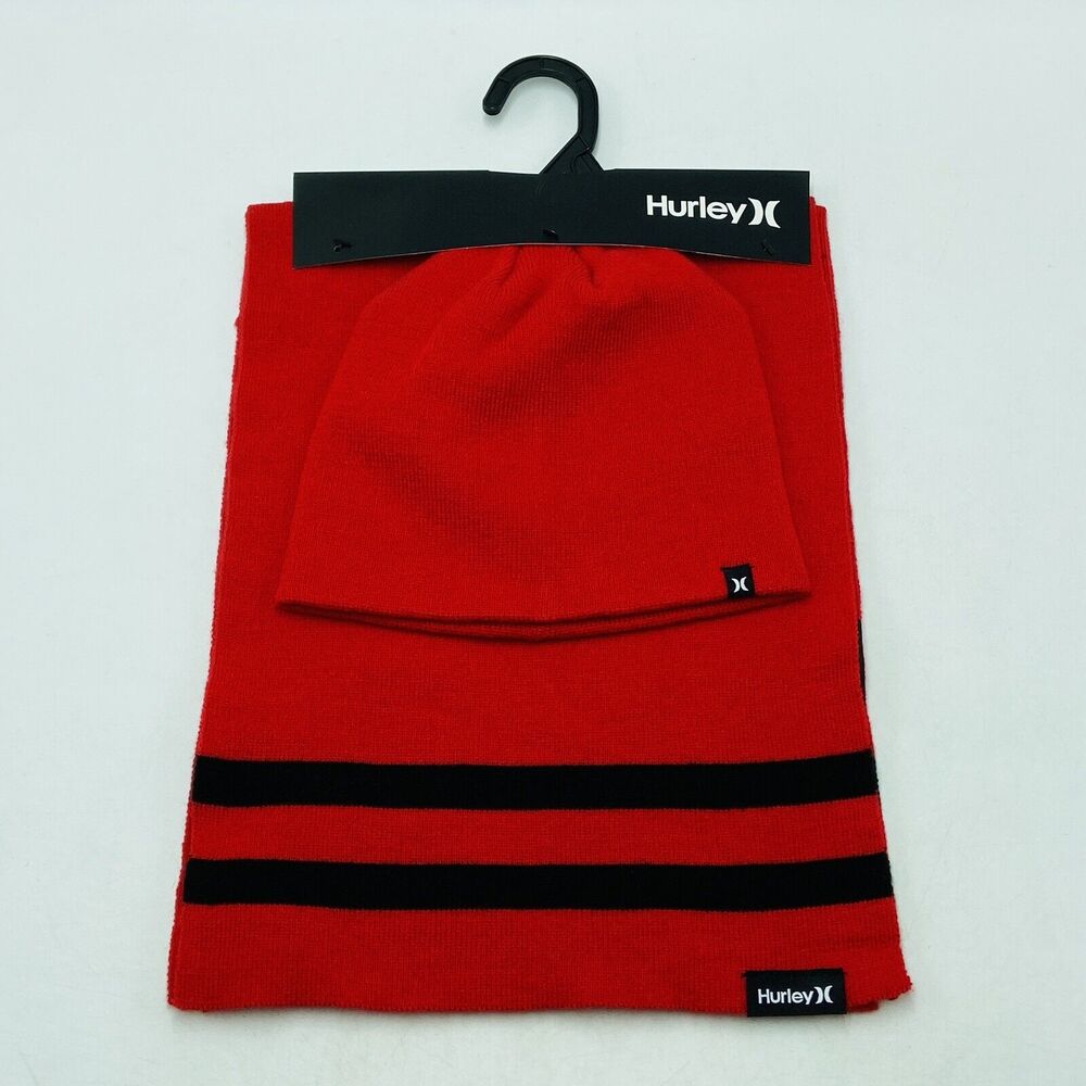 Hurley New York Beanie Hat and Scarf 2 Piece Set Red Black Stripe One Size New